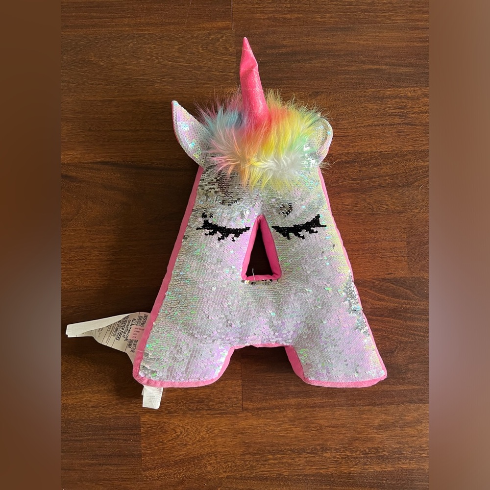 Justice Unicorn Letter "A" Plush Sequin Pink Reversible Pillow